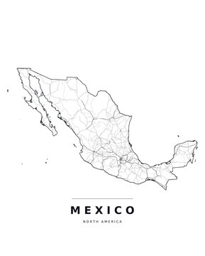 Mexico North America country map with internal region boundaries and major highways. Editable black line vector on a white background for poster print and classroom use.