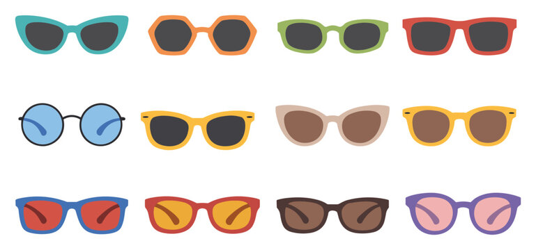 Set of twelve different colorful sunglasses with various frame shapes and lens colors on a white background, for summer fashion accessories