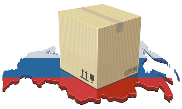 3D isometric map of Russia with flag colors and large cardboard parcel box representing national trade delivery, supply chain, freight shipping, and logistics network. (cut out)