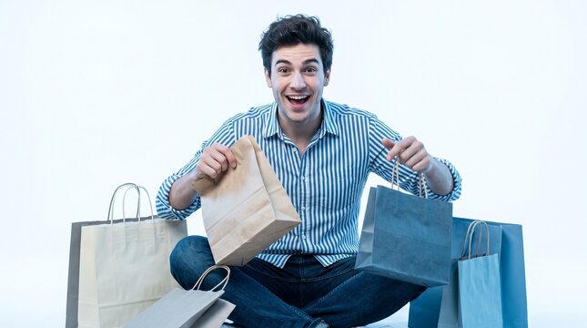 Excited young man with many shopping bags, happy consumerism and retail therapy