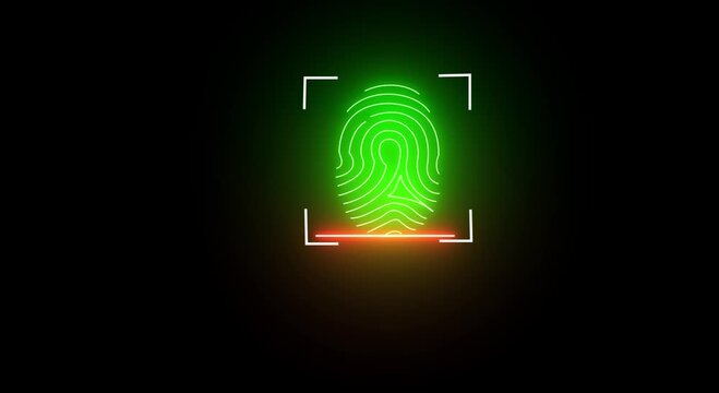 Digital fingerprint scanning biometric authentication system with glowing green neon lines on black background