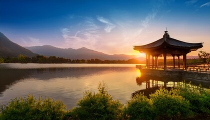 Obraz premium Serene Traditional Pavilion By A Calm Lake At Sunset With Mountains