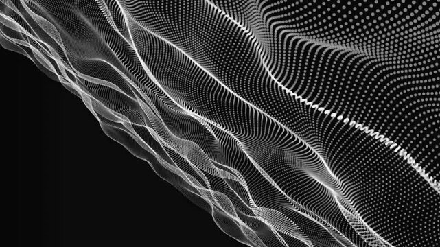 Abstract flowing digital wave fabric made of connected white dots on black background an digital visualization of a structure composed