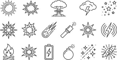 Explosion blast flash and energy special effects icon set with bomb dynamite line art vector elements © AKTAR