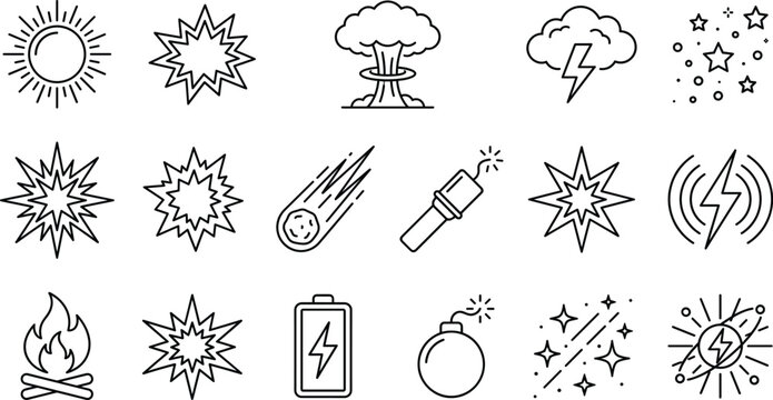 Explosion blast flash and energy special effects icon set with bomb dynamite line art vector elements