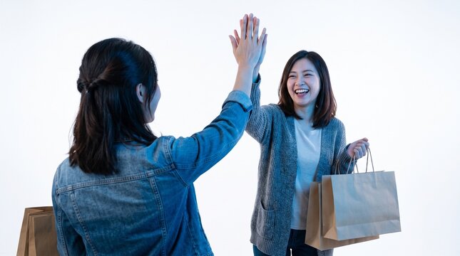 Joyful women celebrating shopping with high fives