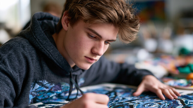 Teenage boy in high school art room staying after class to finish mural on paper not on wall working alone after everyone left with visible concentration that social performance throughout the schoo