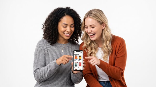 Two smiling women looking at a smartphone showing a fashion shopping app