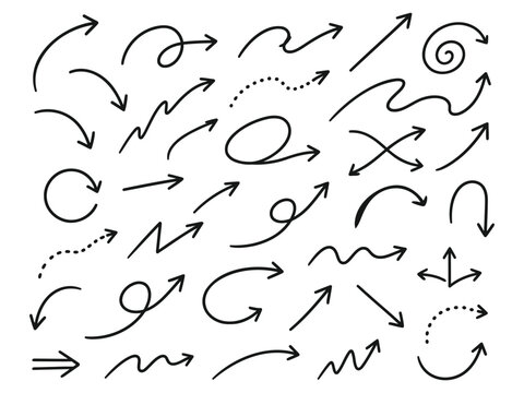 Premium Hand Drawn Arrow Collection Set, Curved Directional Arrows, Doodle Sketch Navigation Symbols, Modern Monoline Vector Elements