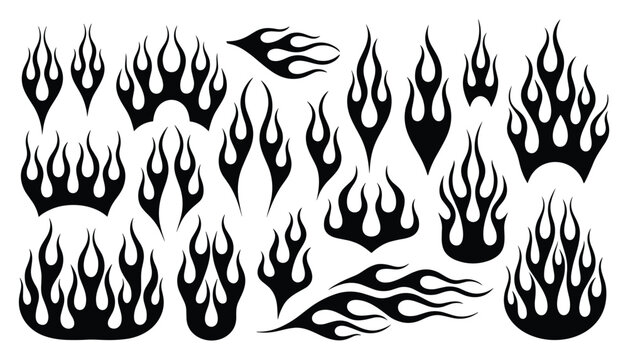Collection of various black flame shapes and fire silhouettes for and vehicle decals isolated on a white background