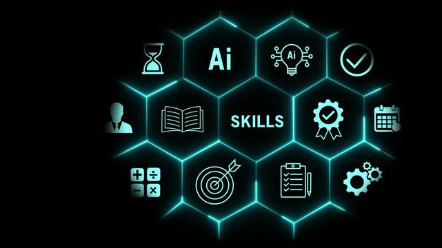 Digital skills development and artificial intelligence training concept with glowing hexagonal network interface, career advancement corporate education, and modern tech learning infographic