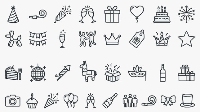 Sleek Black and White Line Art Icons Set Featuring Party Celebration Holiday and Event Symbols for Digital Design
