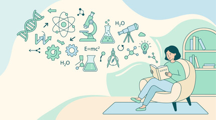 Obraz premium Illustration of a young woman working remotely on a laptop at a desk with a cup of coffee and books in a cozy home office