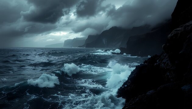 Dramatic stormy ocean waves crashing violently.