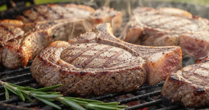 Selection of juicy steaks grilling on bbq with rosemary steak grill meat beef