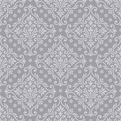 Fototapeta premium Elegant grey damask pattern featuring beautiful damask floral ornament in classic style, vector perfect for luxury wallpaper background and vintage grey damask fabric design.