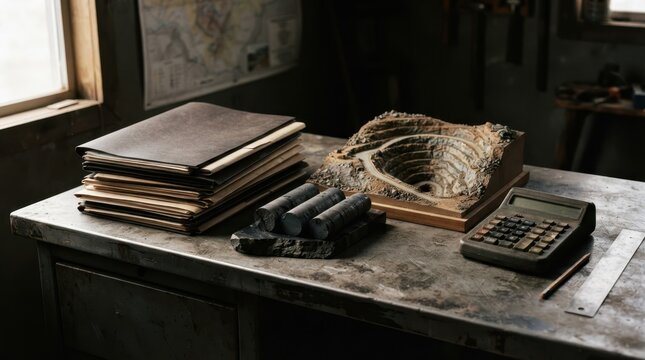 Contract folders, graphite core samples, open pit mine model, and calculator on a steel desk for mining asset restructuring