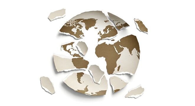 Fragmented earth globe concept illustrating global crisis environmental damage and political instability