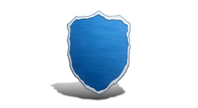Digital blue shield icon with rough edges and shadow representing security and protection concepts