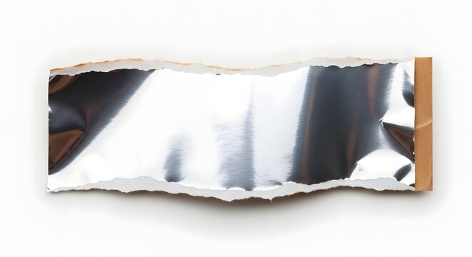 Shiny silver foil strip on torn white paper isolated on white background product presentation