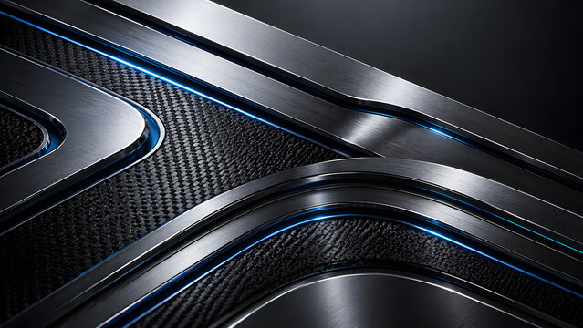 Carbon Fiber Metal Tech Background. Premium carbon fiber and brushed metal layers with blue neon accents and futuristic industrial texture.
