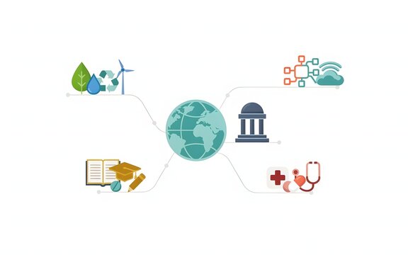 Global connectivity icons with education, health, tech, and nature