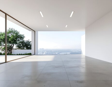 Modern office interior with large windows and city view.