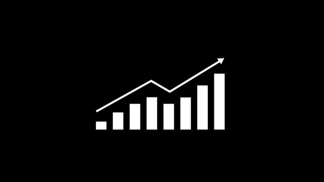 Animated white bar chart graph with rising trend arrow overlay on black background, for financial data, analysis, business growth, projections, market performance, reporting, and corporate statistics