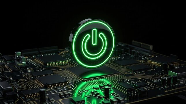 Glowing green power symbol on electronic circuit board with technology, computer