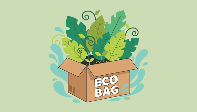 Environmentally friendly cardbox overflowing with fresh green leaves and water splashes with eco bag written.