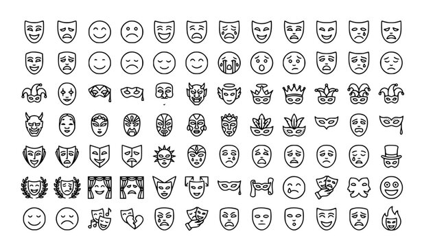 Modern Theater Drama Mask Outline Icons Comedy Tragedy Editable Vector Set