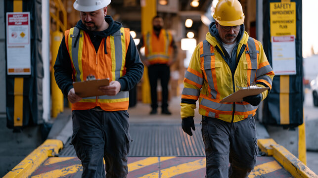 Loading dock safety audit in progress, two inspectors walking the dock plate with clipboards, checking wheel chock placement and dock leveler function, painted hazard zones underfoot, a freight mana