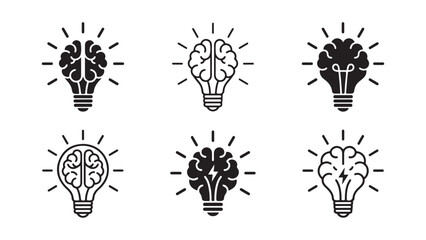 Six brain lightbulb icons symbolizing innovation, intelligence, and creative sparks © MD