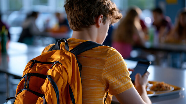 Over the shoulder view of teenage boy composing unsent message draft on phone screen sitting alone in high school cafeteria populated but profoundly isolated tray untouched backpack pulled close emb