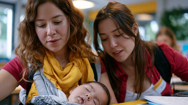 Refugee mother in community integration class copying phonetic pronunciations from whiteboard while infant sleeps in carrier against her chest and adult literacy volunteer kneels beside her desk wit