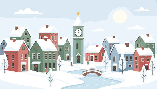 Scenic winter village covered in fresh snow with cozy houses, a clock tower, and a small bridge over a river.