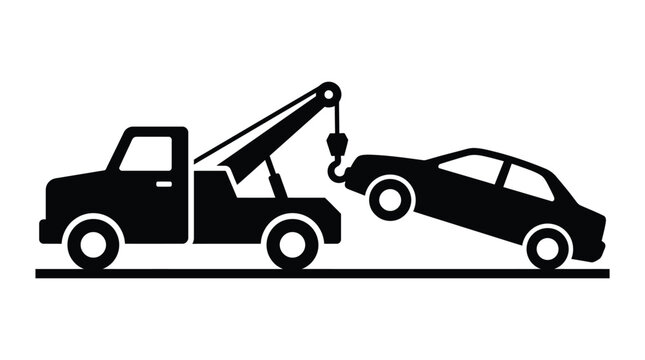A black silhouette illustration of a heavy duty tow truck pulling a broken sedan vehicle