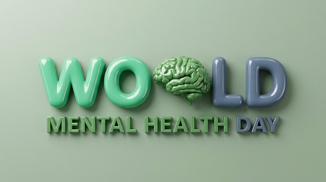 World Mental Health Day 3D text design. Psychological awareness concept with brain icon.