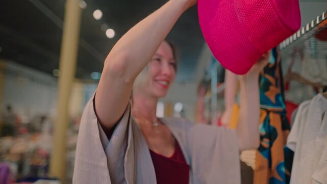 A young European woman trying on a hat in a shop