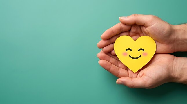 Hands holding a yellow heart for mental health. Support and care for emotional wellbeing.