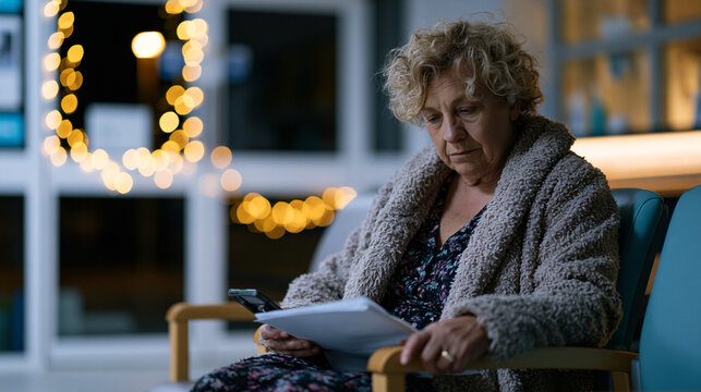 Solitary middle-aged woman sitting on hospital waiting room chair at three in the morning coat still on shoes still muddy from rushing one hand gripping chair arm the other scrolling nothing the vig