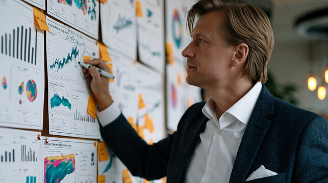 Startup analyst surrounded by printed data dashboards pinned across an entire wall, circling anomalies with a marker during a metrics review session, the obsessive pattern recognition of a data-driv