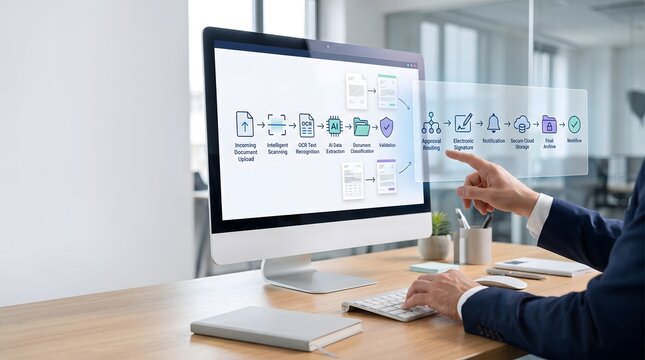 Enterprise document automation workflow displaying optical character recognition and secure digital archiving on desktop screen