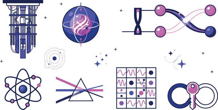 Theoretical Quantum Physics and Cryptographic Superposition Flat Line Icon Set Featuring Dilution Cryostat Refrigerators, Bloch Spheres, Laser Prisms, and Infinity Key Security