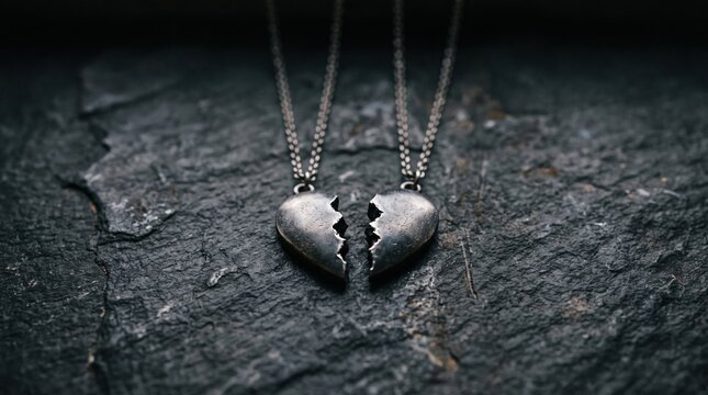 Two broken heart pendant necklaces joined together on dark textured stone surface with necklace affection relationship