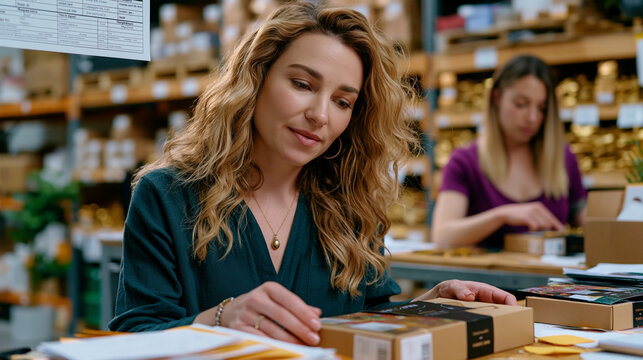 Subscription box brand founder reviewing a prototype seasonal kit on a workbench, product sampling notes spread around, a team member packaging a sample nearby, fulfillment spec sheet pinned above, 