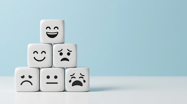 Mental health concept with emotion blocks. Mood evaluation using wooden cubes with faces.
