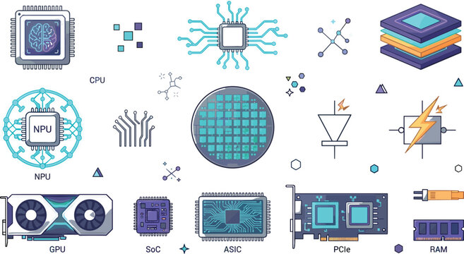 Computer Hardware Engineering and Silicon Microchip Processors Flat Line Icon Set Featuring Central Processing Units (CPUs), Graphics Cards (GPUs), ASIC Modules, and Silicon Ingot Wafers