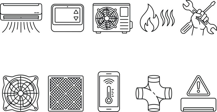 HVAC air conditioning and climate control icon set with ventilation filter compressor line art vector elements