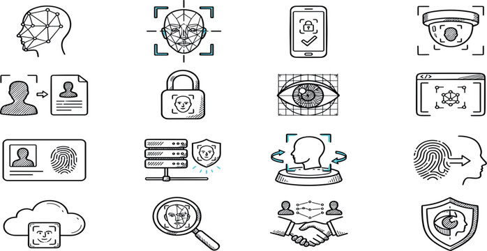 Biometric Cyber Security and Face Recognition Technology Hand Drawn Doodle Icon Set Featuring Identity Verification, Iris Scanning, Fingerprint Scanners, and Secure Server Database Protection